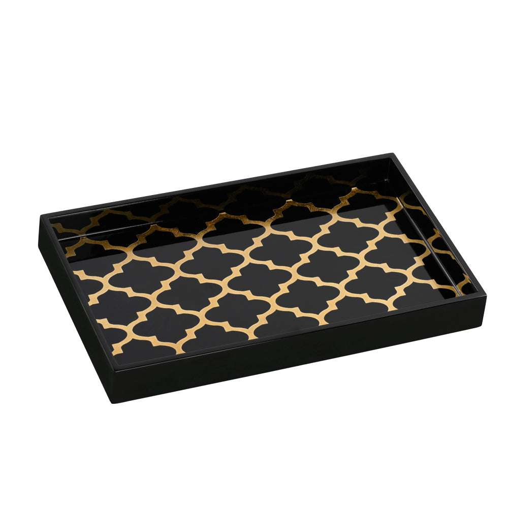 Decorative Lacquered Tray Black with Gold Pattern Rectangle
