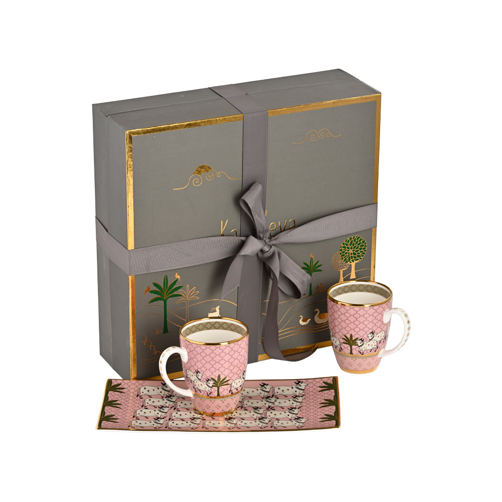 Gift Set - Pink Pichwai Cookie plate and 2 coffee Mugs