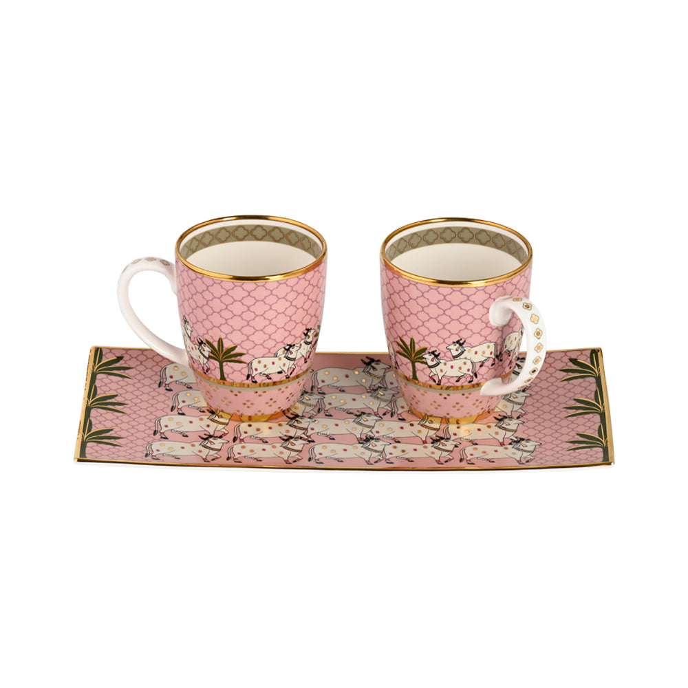 Gift Set - Pink Pichwai Cookie plate and 2 coffee Mugs