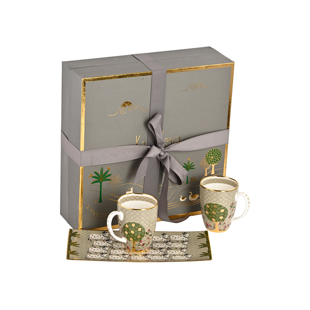 Gift Set - Green Pichwai Cookie plate and 2 coffee Mugs