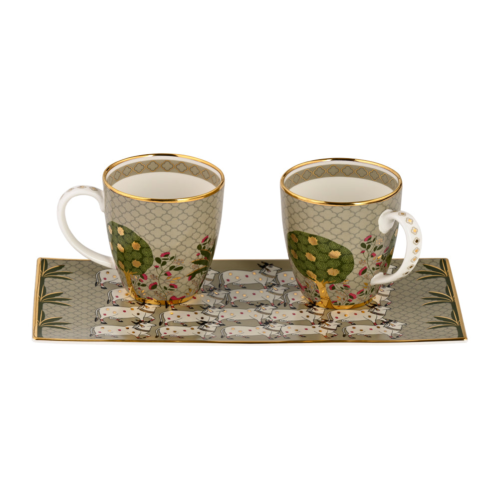 Gift Set - Green Pichwai Cookie plate and 2 coffee Mugs