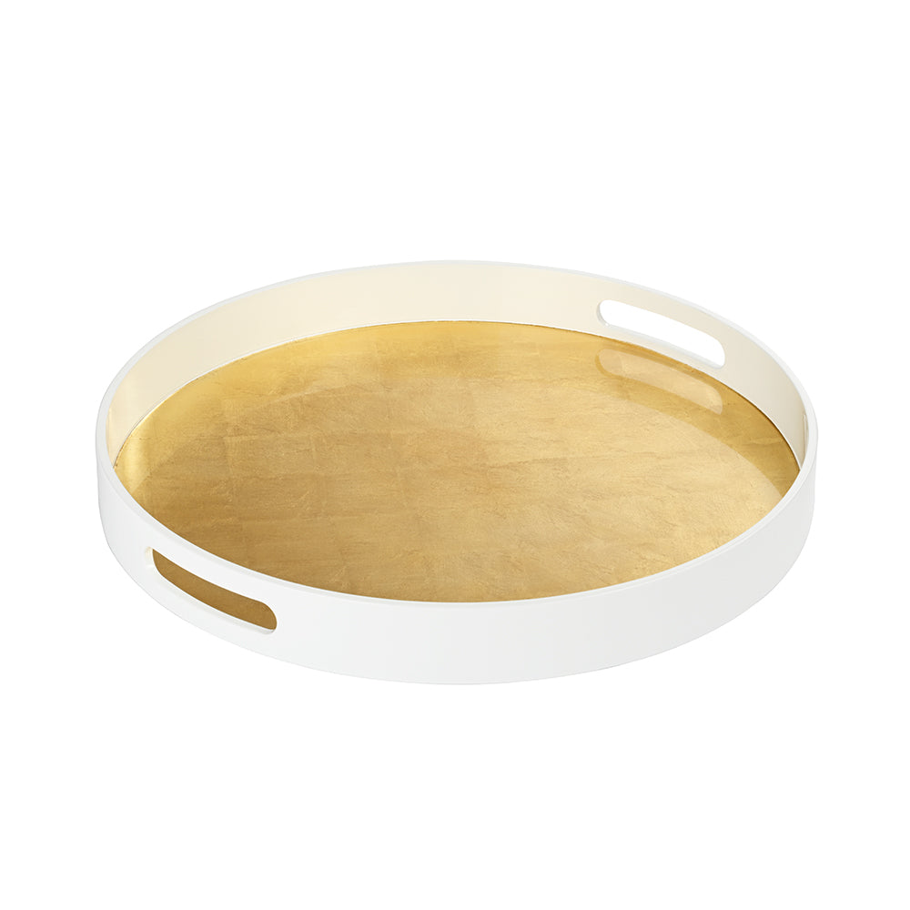 Lacquered Tray White with Gold Base Round Small