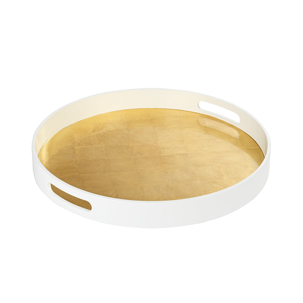 Lacquered Tray White with Gold Base Round Medium