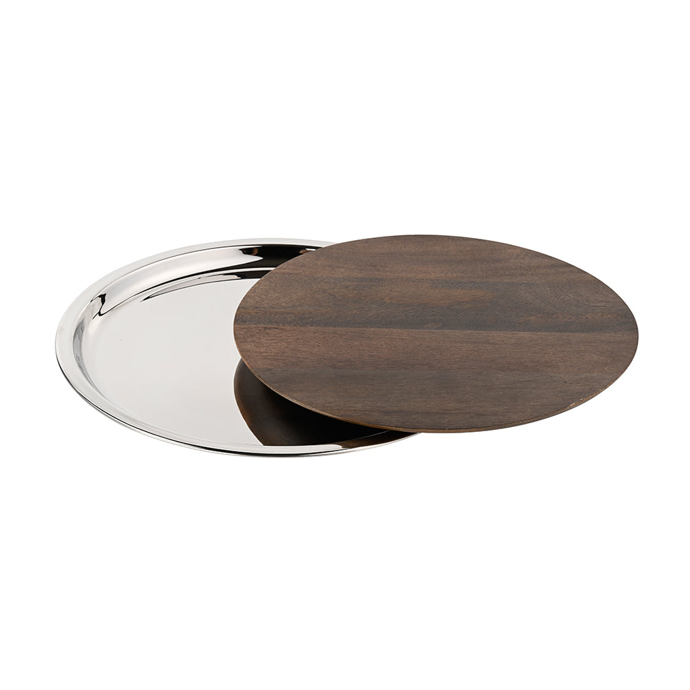 Circular Wooden and Stainless Steel Tray Small