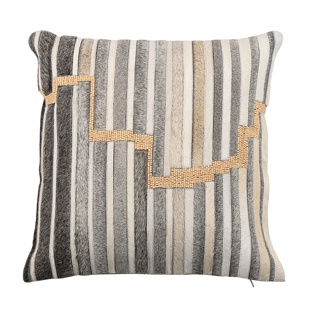Hairon Leather Patchwork Cushion Cover with Embroidery