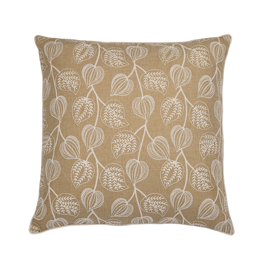 Beige Leaf Embroidery Cushion Cover