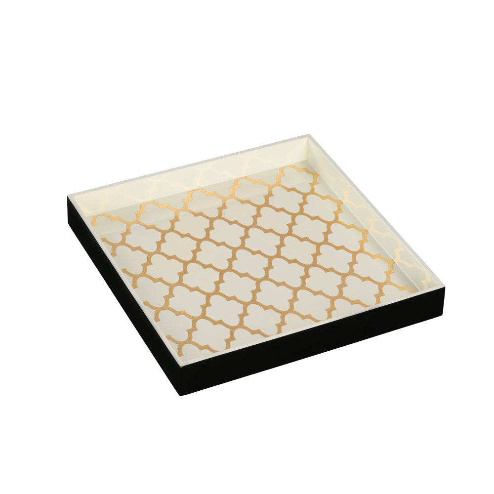 Decorative Lacquered Tray White with Gold Pattern Square
