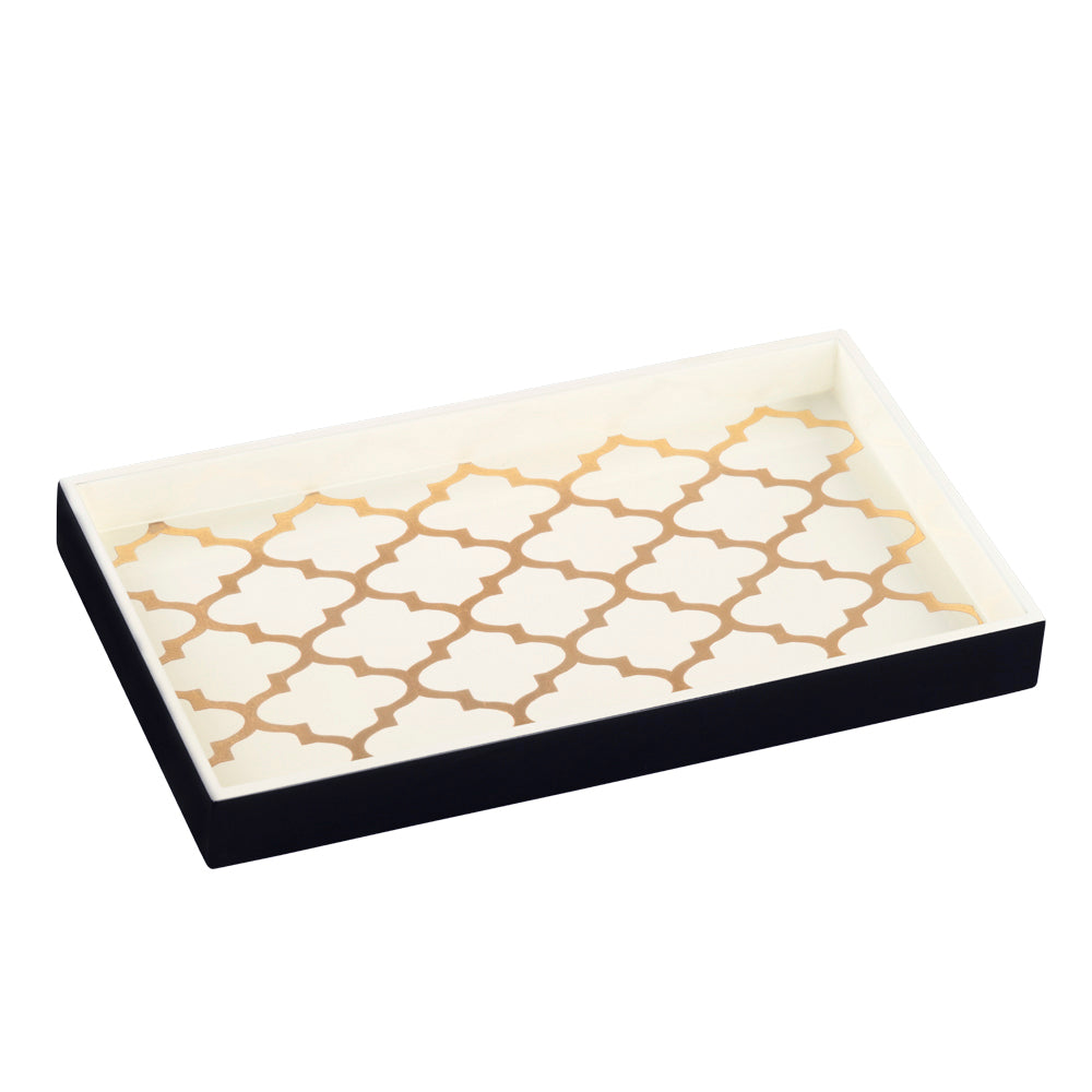 Decorative Lacquered Tray White with Gold Pattern Rectangle