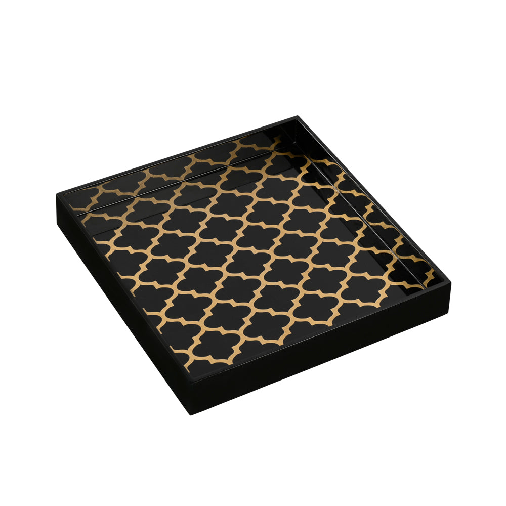Decorative Lacquered Tray Black with Gold Pattern Square