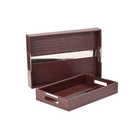Serving Tray Rectangular Dark Brown with Silver Stripe Set of 2