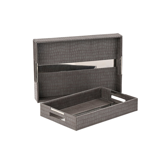 Tray Faux Croc grey with silver stripe  Set of 2