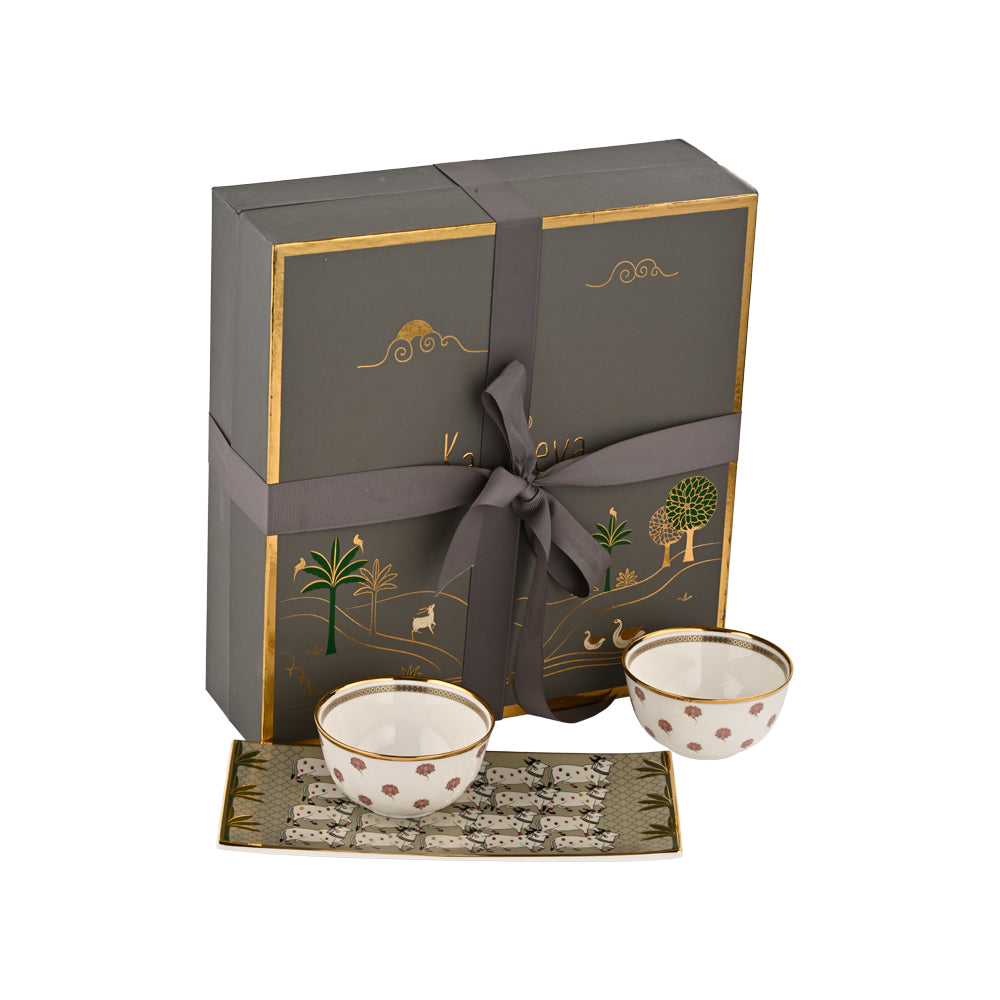 Gift Set - Lotus Pichwai  Cookie plate and 2 bowls