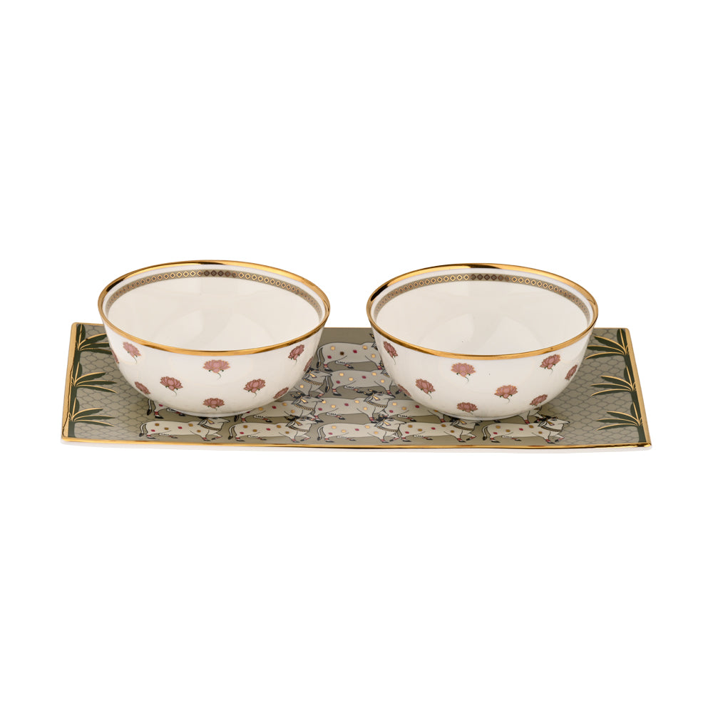 Gift Set - Lotus Pichwai  Cookie plate and 2 bowls