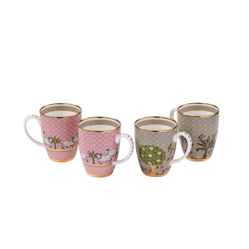 Pichwai Mugs 2 Green And 2 Pink Set