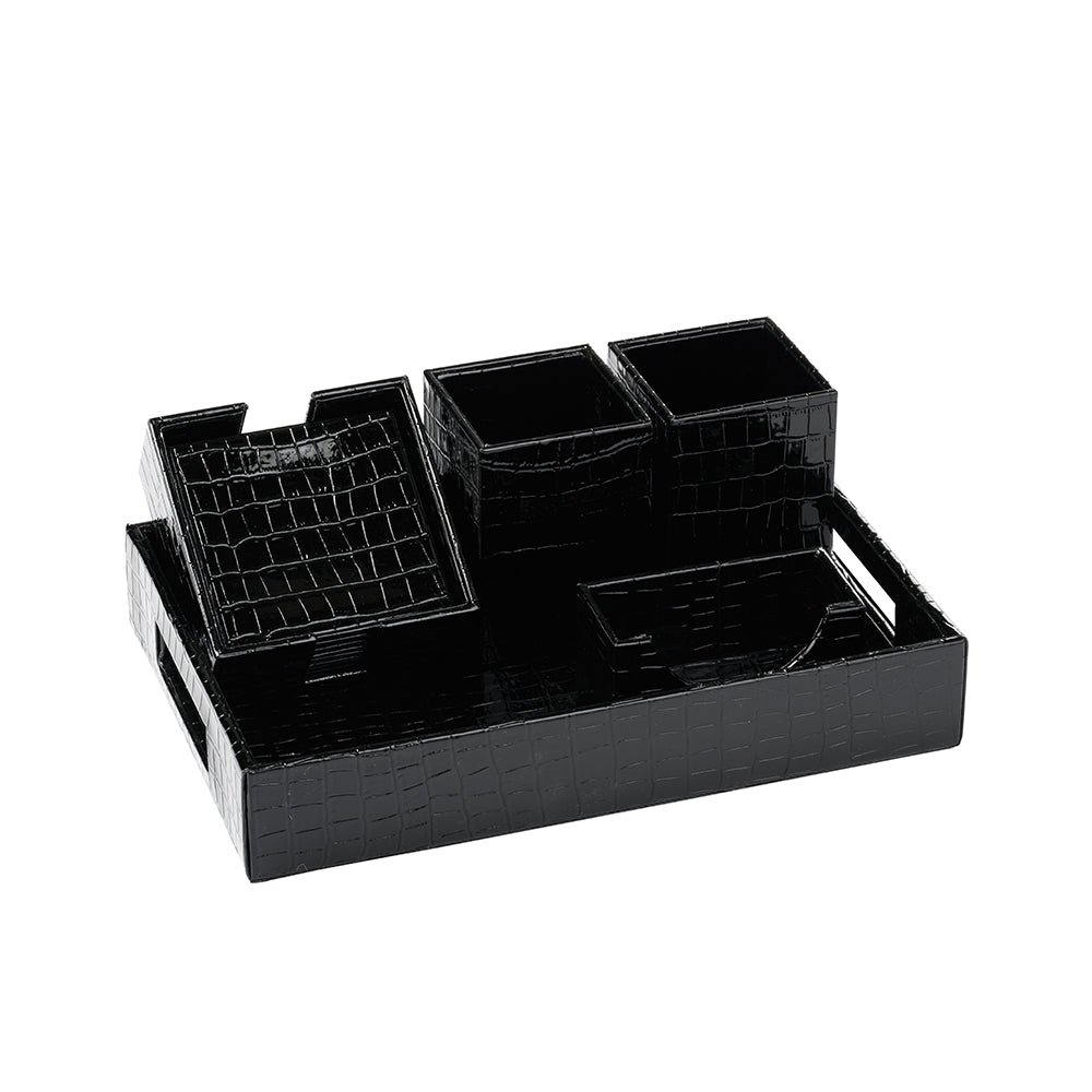 Black Faux Croc Office Organiser Set 5 Pcs