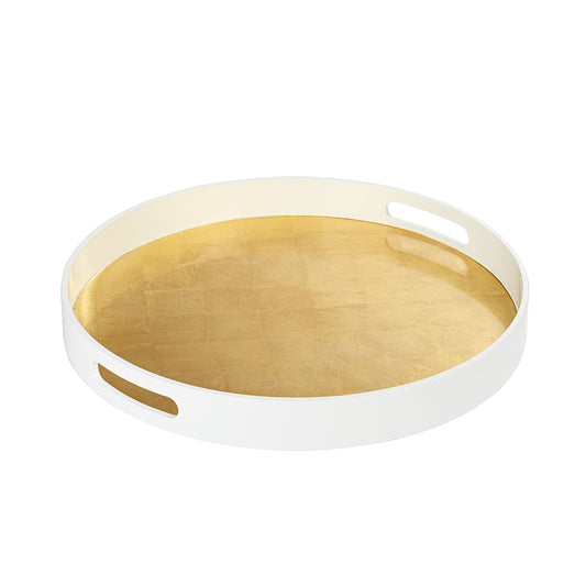 Lacquered Tray White with Gold Base Round Large