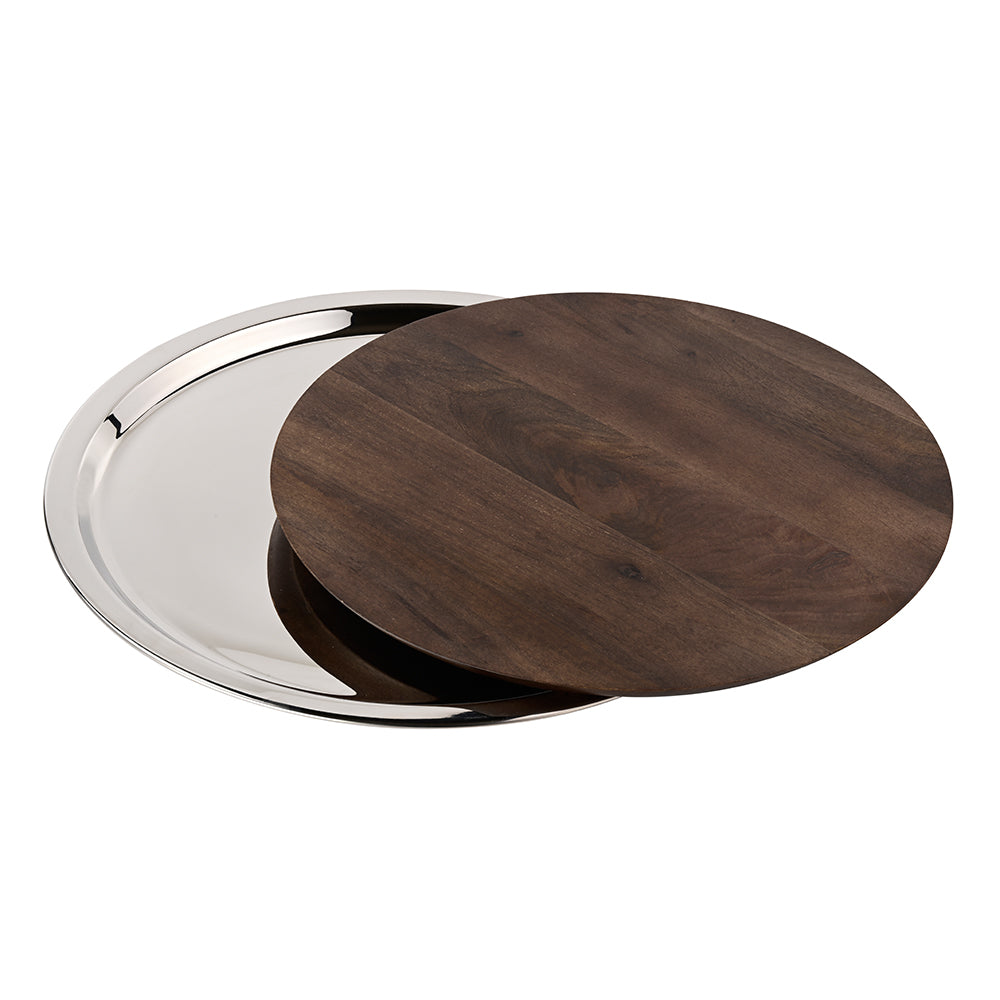 Circular Wooden and Stainless Steel Tray Large